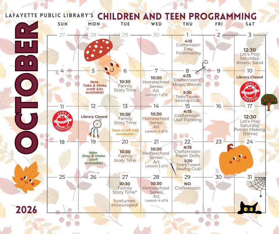 October 2026 Calendar for Children and Teen Programming